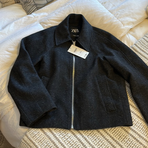 Zara Zippered Wool Blend Jacket ZW collection gray black herringbone 2143/866 XS - Picture 14 of 15